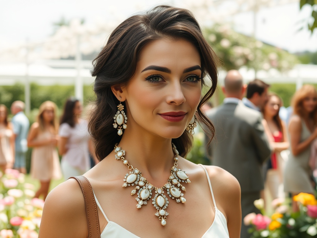 O femeie elegantă poartă bijuterii strălucitoare, zâmbind într-un cadru floral la un eveniment.