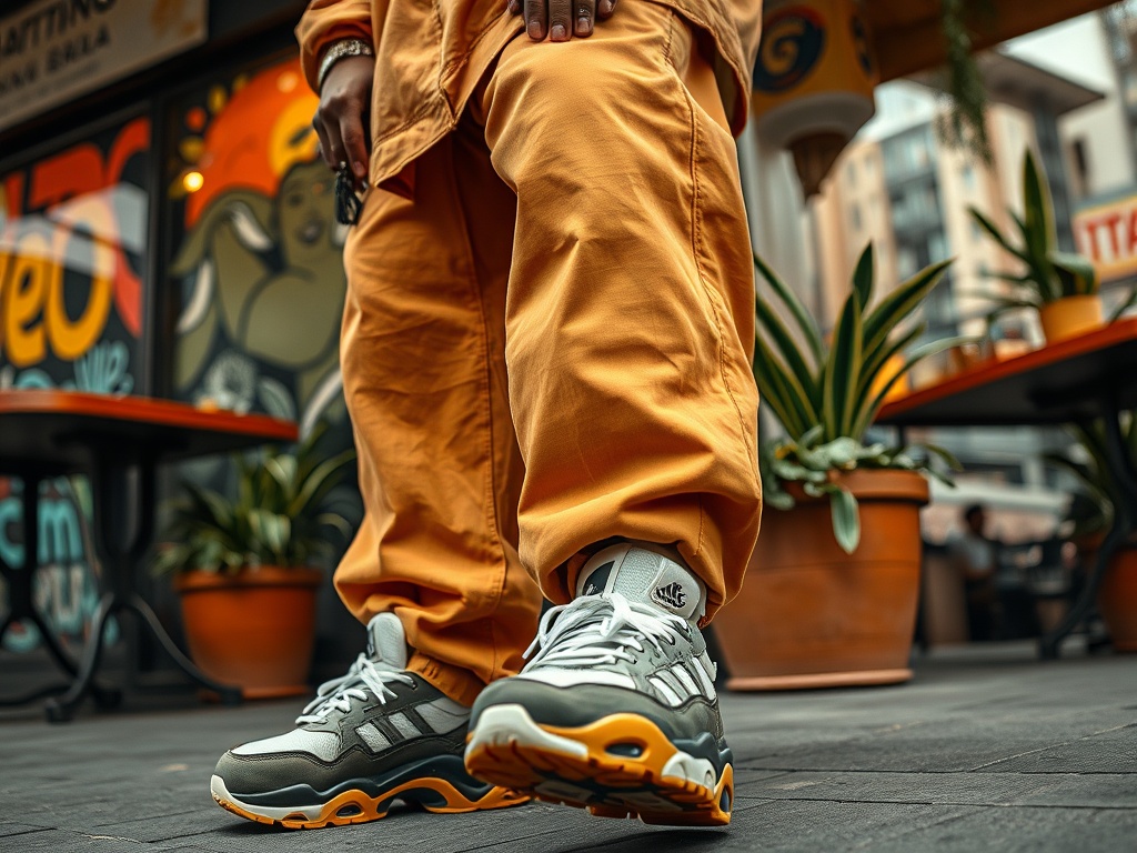 Un bărbat poartă pantaloni portocalii și adidași gri și alb într-un mediu urban plin de plante.