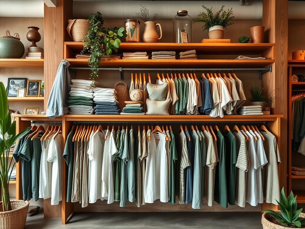 Raft cu haine organizate, inclusiv tricouri și prosoape, printre plante decorative și obiecte de decor.